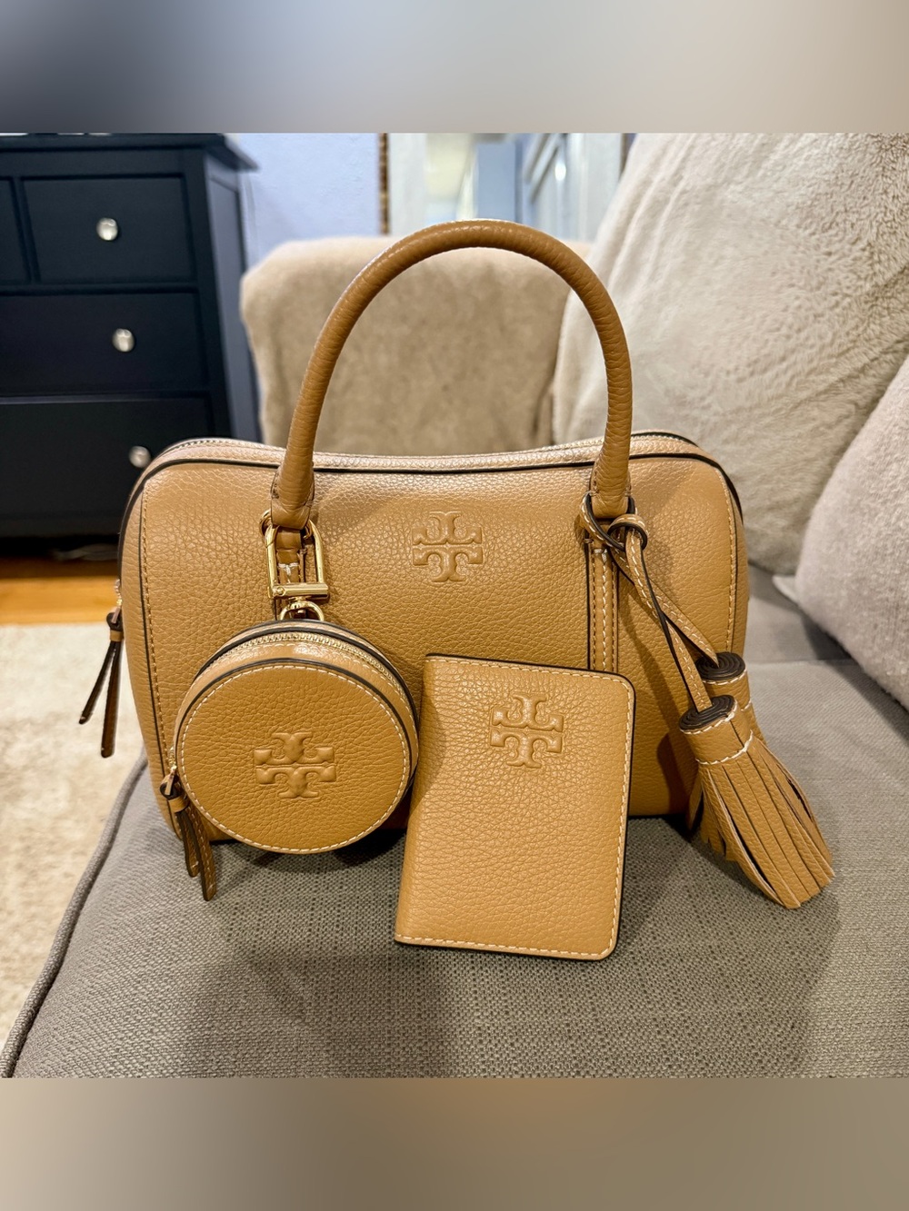 Tory Burch Caramel/Brown Pebbled Leather Mini Satchel with wallet & coin pouch!